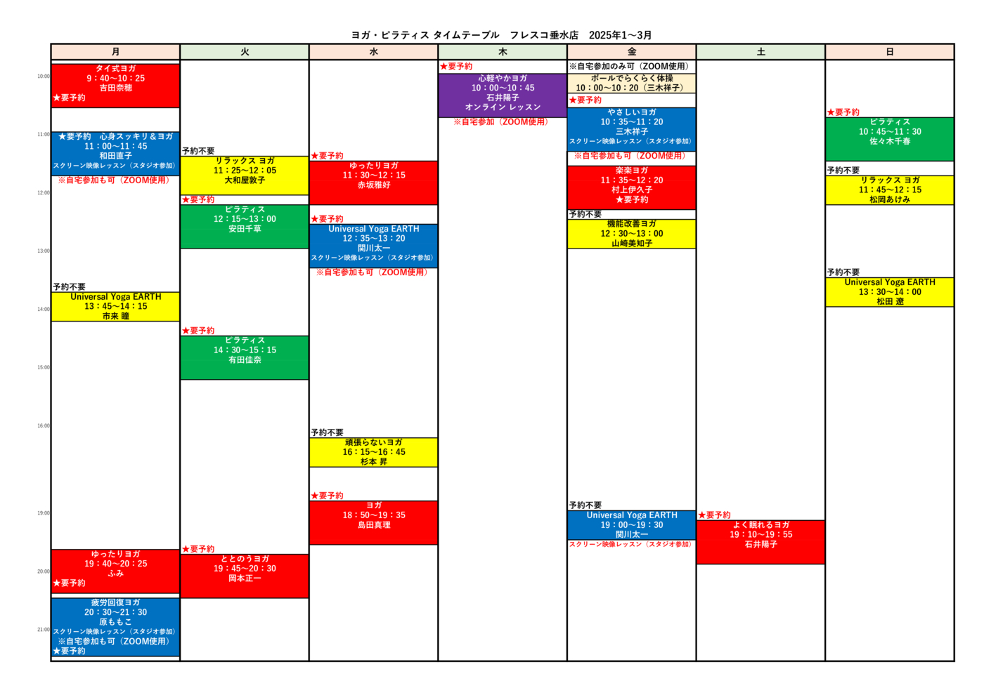 ヨガ・ピラティスタイムテーブル2025年1月～3月 データ