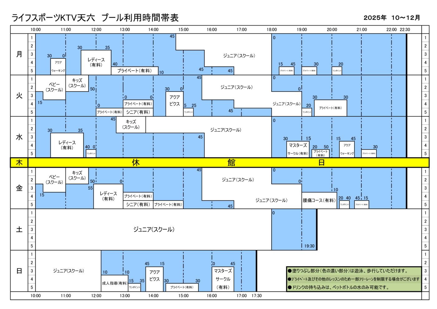プールレーン利用時間帯表 10月～12月 データ