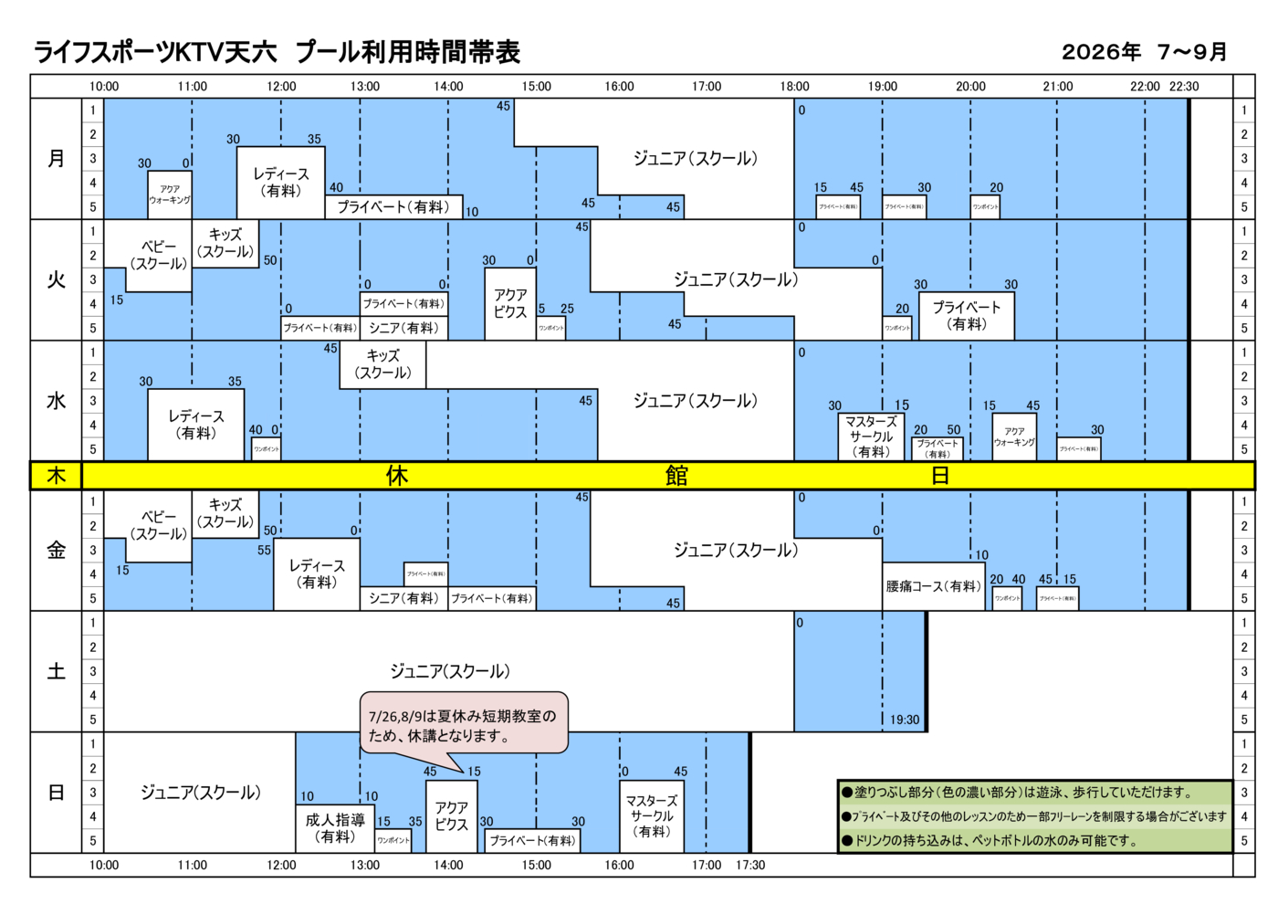 プールレーン利用時間帯表 7月～9月 データ